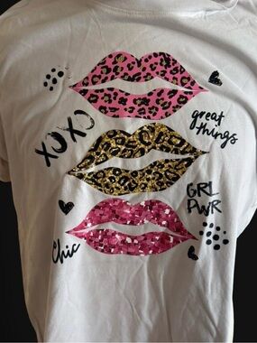 H&M White Tee with Pink and Gold Lip Prints